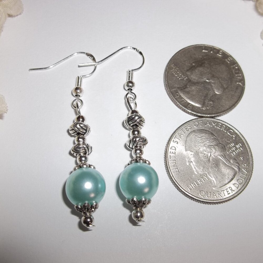 Silver and Blue Pearl Earrings Drop Dangle Woman Set Pair Jewelry Gift D379 - Picture 2 of 5